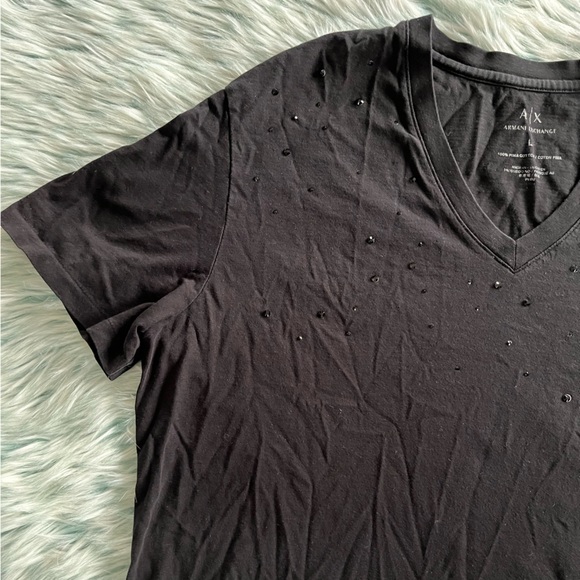 Luxury V Neck, Armani Exchange, Black T-shirt With Black Glitter Accents. - Picture 2 of 7